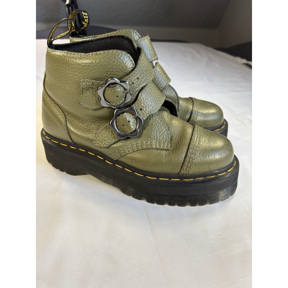 Dr. Martens Olive Green Floral Buckle Platform Combat Boots